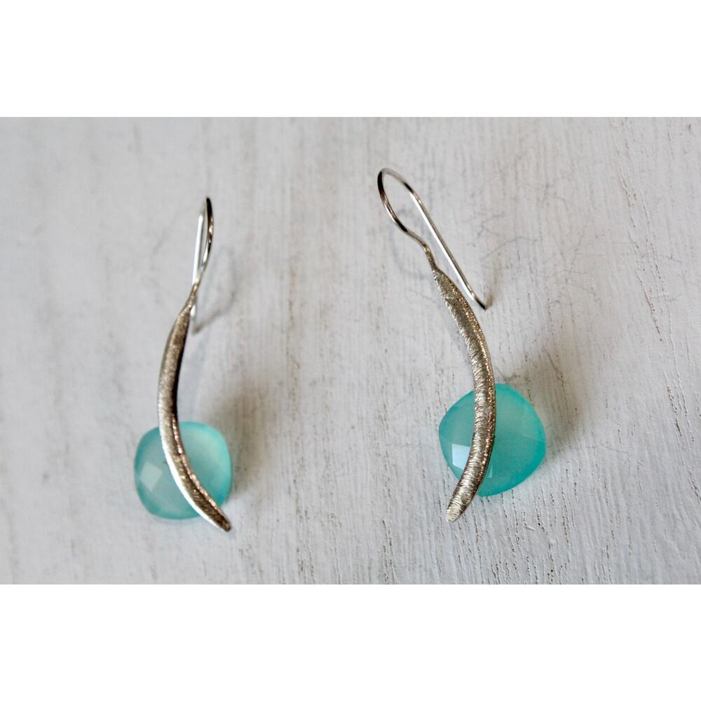 Artisan Sterling Silver 925 Aqua Blue/Green Gemstone Abstract Dangle Earrings